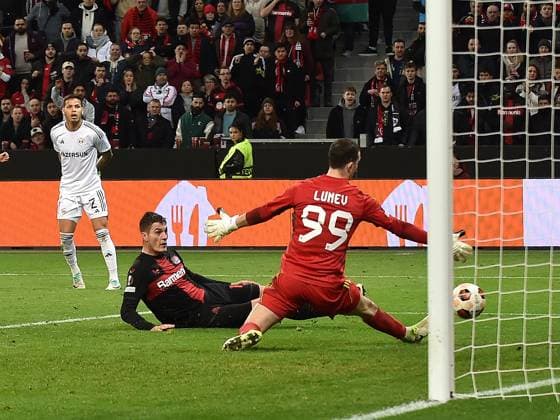 14.03.2024, Leverkusen, Germany, BayARENA, Bayer Leverkusen vs Qarabag FK - UEFA Europa League 2023 2024 - Round of 16 second leg, Patrik Schick (Bayer 04 Leverkusen) Tor zum 2:2 (Foto Ralf Treese) Leverkusen BayARENA North Rhine-Westphalia Germany