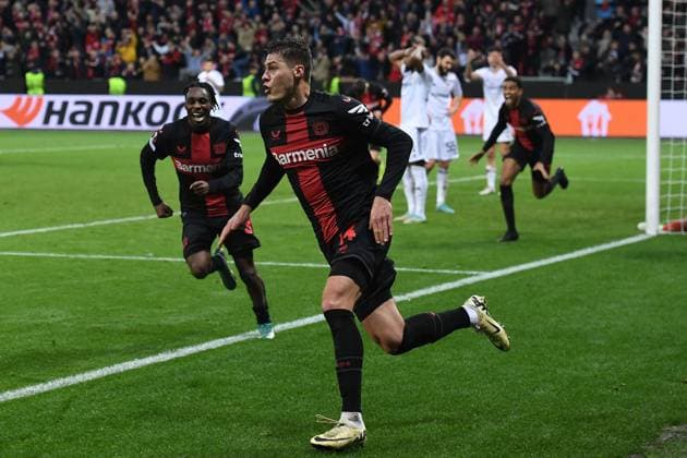 Fußball Europa League Achtelfinale Bayer 04 Leverkusen - Qarabag Agdam am 14.03.2024 in der BayArena in Leverkusen Torjubel zum 3:2 durch Patrik Schick ( Leverkusen )