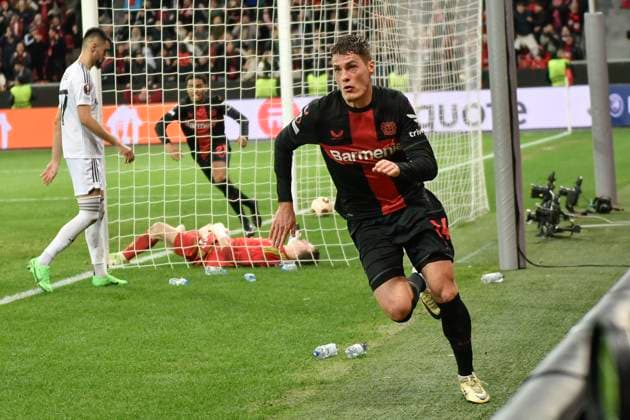 Patrik Schick ( 14, Bayer Leverkusen) jubelt nach dem Tor zum 3:2 14.03.2024 Fussball Europa League, Bayer 04 Leverkusen vs Qarabag FK, BayArena, Leverkusen, NRW Germany