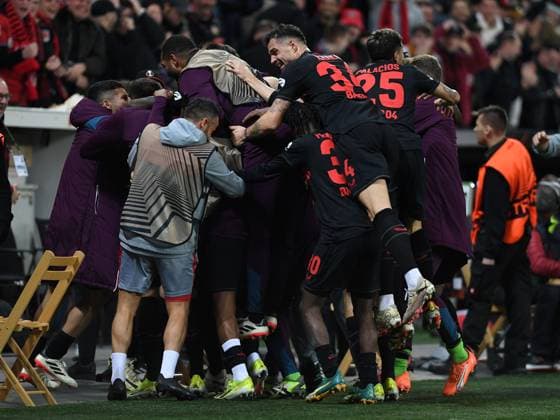 14.03.2024, Leverkusen, Germany, BayARENA, Bayer Leverkusen vs Qarabag FK - UEFA Europa League 2023 2024 - Round of 16 second leg, Patrik Schick (Bayer 04 Leverkusen) Torjubel, jubelt mit seiner Mannschaft nach dem Treffer zum 3:2 (Foto Ralf Treese) Leverkusen BayARENA North Rhine-Westphalia Germany