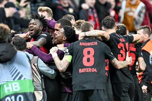 Die Mannschaft von Leverkusen Jubel Freude Emotion Torjubel Torschuetze Torschütze 3:2 Patrik Schick ( 14, Bayer Leverkusen) 14.03.2024 Fussball Europa League, Bayer 04 Leverkusen vs Qarabag FK, BayArena, Leverkusen, NRW Germany