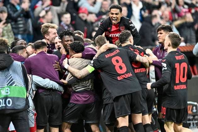 Die Mannschaft von Leverkusen Jubel Freude Emotion Torjubel Torschuetze Torschütze 3:2 Patrik Schick ( 14, Bayer Leverkusen) 14.03.2024 Fussball Europa League, Bayer 04 Leverkusen vs Qarabag FK, BayArena, Leverkusen, NRW Germany