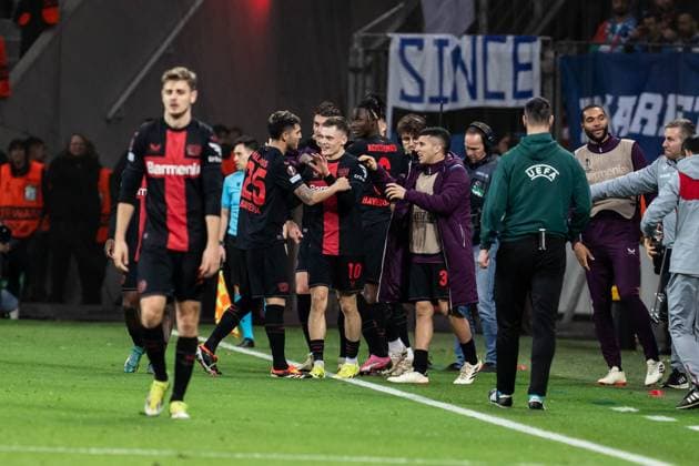 GER, UEFA Europa League Bayer 04 Leverkusen vs QarabaÄü AÄüdam Qarabag Agdam 14.03.2024, BayArena, Leverkusen, GER, UEFA Europa League Bayer 04 Leverkusen vs QarabaÄü AÄüdam Qarabag Agdam Im Bild: Torjubel Jubel ueber das Tor zum 3:2 Florian Wirtz (Bayer 04 Leverkusen, 10) Piero HincapiÃ Piero Hincapie (Bayer 04 Leverkusen, 3) Exequiel Palacios (Bayer 04 Leverkusen, 25) Patrik Schick (Bayer 04 Leverkusen, 14)
