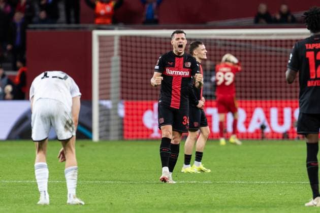 GER, UEFA Europa League Bayer 04 Leverkusen vs QarabaÄü AÄüdam Qarabag Agdam 14.03.2024, BayArena, Leverkusen, GER, UEFA Europa League Bayer 04 Leverkusen vs QarabaÄü AÄüdam Qarabag Agdam Im Bild: Torjubel Jubel ueber das Tor zum 3:2 Granit Xhaka (Bayer 04 Leverkusen, 34)