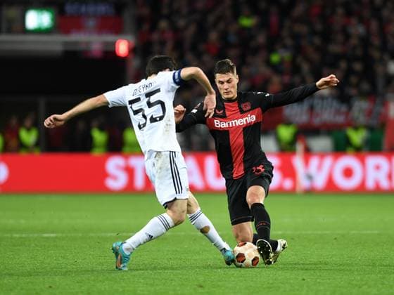 14.03.2024, Leverkusen, Germany, BayARENA, Bayer Leverkusen vs Qarabag FK - UEFA Europa League 2023 2024 - Round of 16 second leg, Badavi Hueseynov (Qarabag Agdam) und Patrik Schick (Bayer 04 Leverkusen) im Zweikampf (Foto Ralf Treese) Leverkusen BayARENA North Rhine-Westphalia Germany