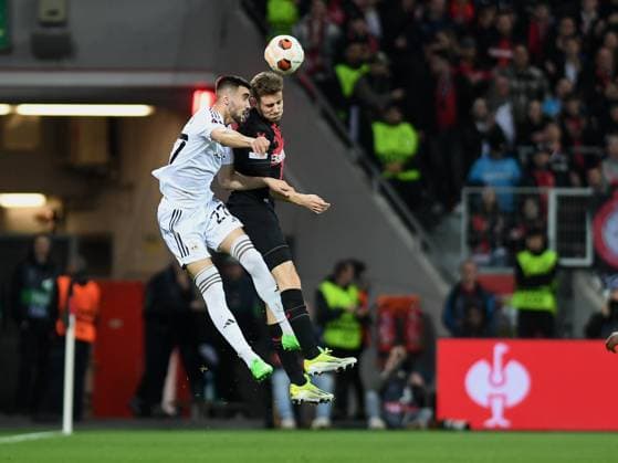 14.03.2024, Leverkusen, Germany, BayARENA, Bayer Leverkusen vs Qarabag FK - UEFA Europa League 2023 2024 - Round of 16 second leg, Toral Bayramov (Qarabag Agdam) und Josip Stanisic (Bayer 04 Leverkusen) im Zweikampf (Foto Ralf Treese) Leverkusen BayARENA North Rhine-Westphalia Germany