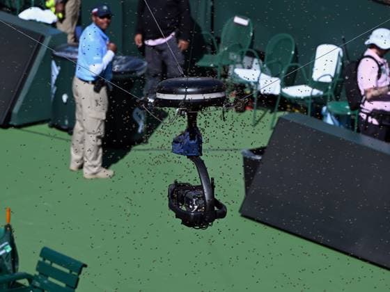 INDIAN WELLS, CA - MARCH 14: Play is suspended on stadium one because of a swarm of bees on a spidercam during an ATP, Tennis Herren quarterfinals match between Carlos Alcaraz (ESP) and Alexander Zverev (GER) played on March 14, 2024 during the BNP Paribas Open played at the Indian Wells Tennis Garden in Indian Wells, CA. (Photo by John Cordes Icon Sportswire) TENNIS: MAR 14 BNP Paribas Open EDITORIAL USE ONLY Icon506240314133