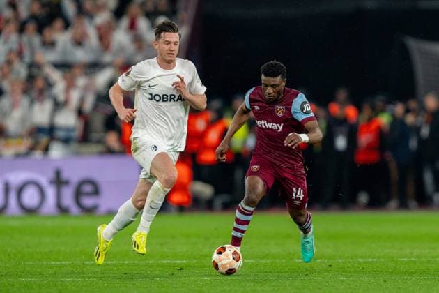 West Ham United v Freiburg Europa League 14 03 2024. Round of 16 GOAL 4-0 West Ham United midfielder Mohammed Kudus (14) on his way to scoring during the Europa League match between West Ham United and SC Freiburg at the London Stadium, London, England on 14 March 2024. Editorial use only , Copyright: xStephenxFlynnx PSI-19236-0078