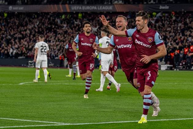 West Ham United v Freiburg Europa League 14 03 2024. Round of 16 GOAL 3-0 West Ham United defender Aaron Cresswell (3) celebrate after getting the third goal for West Ham United during the Europa League match between West Ham United and SC Freiburg at the London Stadium, London, England on 14 March 2024. Editorial use only , Copyright: xStephenxFlynnx PSI-19236-0084