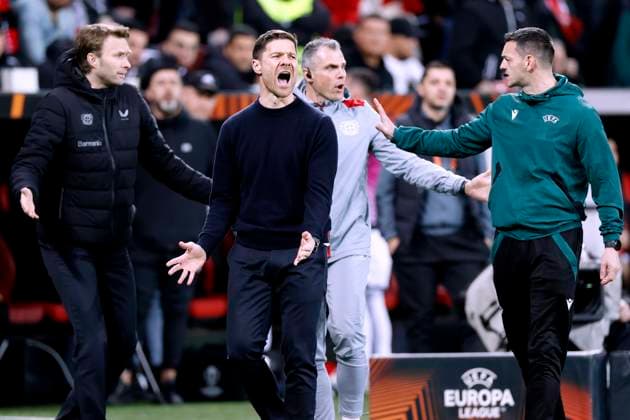 ALONSO Xabier Trainer Team Bayer 04 Leverkusen mit Sportdirektor ROLFES Simon UEFA Europa League Saison 2023 - 2024 Achtelfinale Spiel Bayer 04 Leverkusen - Qarabag 3 : 2 am 15.03. 2024 in Leverkusen DFL REGULATIONS PROHIBIT ANY USE OF PHOTOGRAPHS as IMAGE SEQUENCES and or QUASI-VIDEO Copyright: xLacixPerenyix