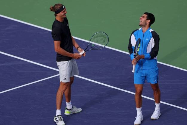Alexander Zverev of Germany and Carlos Alcaraz of Spain laugh together BNP Paribas Open, Tennis, Day 9, Indian Wells Tennis Garden, California, USA - 14 Mar 2024  Copyright: xEllaxLing Shutterstockx 14386185cs