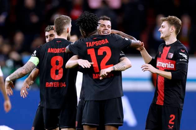 XHAKA Granit Team Bayer 04 Leverkusen nach dem Sieg mit TAPSOBA, ANDRICH und STANISIC UEFA Europa League Saison 2023 - 2024 Achtelfinale Spiel Bayer 04 Leverkusen - Qarabag 3 : 2 am 15.03. 2024 in Leverkusen DFL REGULATIONS PROHIBIT ANY USE OF PHOTOGRAPHS as IMAGE SEQUENCES and or QUASI-VIDEO Copyright: xLacixPerenyix