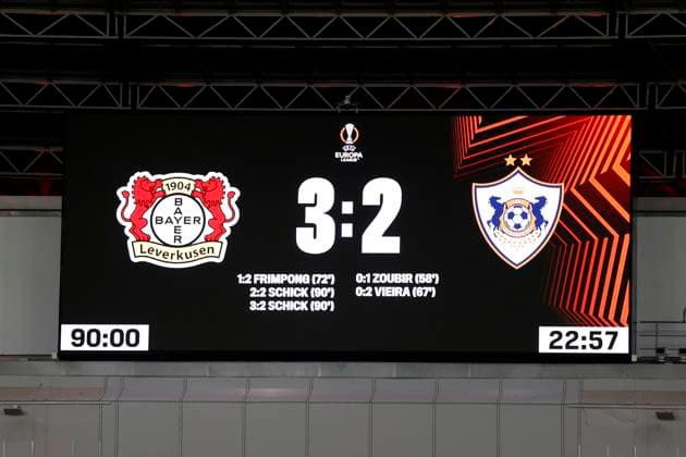 Anzeige Monitor Endergebnis Bayer 04 Leverkusen UEFA Europa League Saison 2023 - 2024 Achtelfinale Spiel Bayer 04 Leverkusen - Qarabag 3 : 2 am 15.03. 2024 in Leverkusen DFL REGULATIONS PROHIBIT ANY USE OF PHOTOGRAPHS as IMAGE SEQUENCES and or QUASI-VIDEO Copyright: xLacixPerenyix