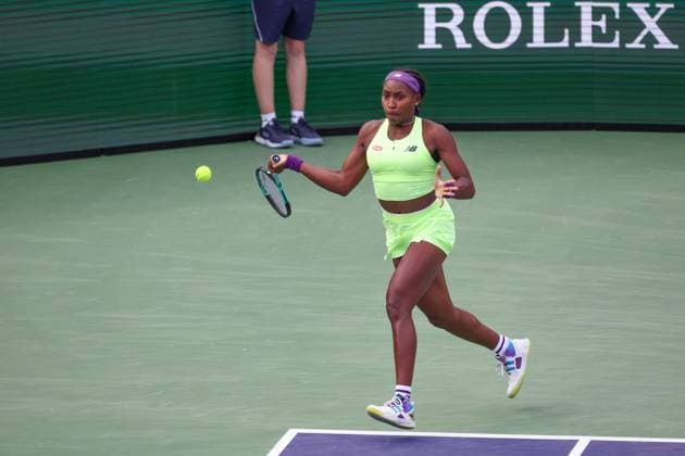 INDIAN WELLS, CA - MARCH 14: Coco Gauff (USA) hits a forehand during the BNP Paribas Open on March 14, 2024 at Indian Wells Tennis Garden in Indian Wells, CA. (Photo by George Walker Icon Sportswire) TENNIS: MAR 14 BNP Paribas Open EDITORIAL USE ONLY Icon240314088