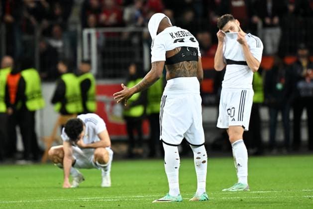 Leverkusen, Bayarena, 14.03.24, GER, Herren, UEFA Europa League, Saison 2023-2024, Achtelfinale, Bayer 04 Leverkusen - Qarabag Agdam FK Bild: Unzufriedene Spieler von Qarabag Only for editorial use! UEFA regulations prohibit any use of photographs as image sequences and or quasi-video. Nordrhein-Westfalen Deutschland