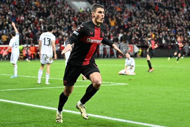 Leverkusen, Bayarena, 14.03.24, GER, Herren, UEFA Europa League, Saison 2023-2024, Achtelfinale, Bayer 04 Leverkusen - Qarabag Agdam FK Bild: Patrik SCHICK (Leverkusen) jubelt nach seinem Tor zum 2:2 Only for editorial use! UEFA regulations prohibit any use of photographs as image sequences and or quasi-video. Nordrhein-Westfalen Deutschland