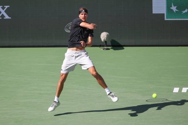 INDIAN WELLS, CA - MARCH 14: Alexander Zverev (GER) hits a forehand during the BNP Paribas Open on March 14, 2024 at Indian Wells Tennis Garden in Indian Wells, CA. (Photo by George Walker Icon Sportswire) TENNIS: MAR 14 BNP Paribas Open EDITORIAL USE ONLY Icon240314130