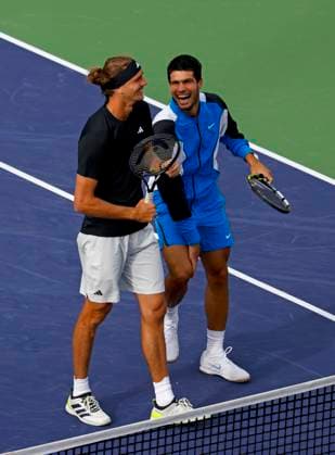 Tennis 2024: BNP Paribas Open MAR 14 March 14, 2024 Carlos Alcaraz of Spain shares a laugh Alexander Zverev of Germany before the restart of their match due to a bee invasion during the BNP Paribas Open in Indian Wells, CA. Charles Baus CSM (Credit Image: Â Charles Baus Cal Media) Indian Wells Ca United States of America EDITORIAL USE ONLY Copyright: xx ZUMA-20240314_zma_c04_180.jpg CharlesxBausx csmphotothree242195