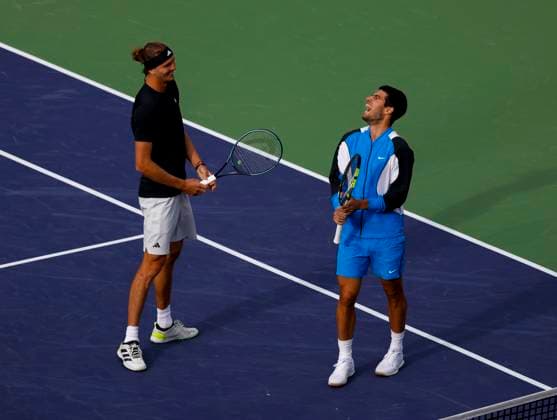 Tennis 2024: BNP Paribas Open MAR 14 March 14, 2024 Carlos Alcaraz of Spain shares a laugh Alexander Zverev of Germany before the restart of their match due to a bee invasion during the BNP Paribas Open in Indian Wells, CA. Charles Baus CSM (Credit Image: Â Charles Baus Cal Media) Indian Wells Ca United States of America EDITORIAL USE ONLY Copyright: xx ZUMA-20240314_zma_c04_179.jpg CharlesxBausx csmphotothree242196