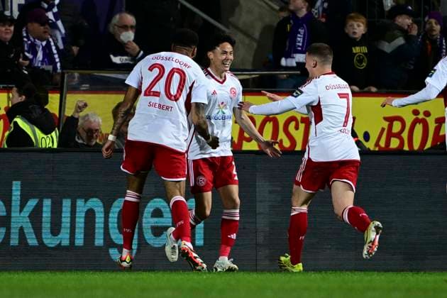 Torjubel zum 0:2 durch Takashi Uchino (Fortuna Düsseldorf Duesseldorf, 41), VfL Osnabrueck vs. Fortuna Duesseldorf, Fussball, 2. Bundesliga, 26. Spieltag, 15.03.2024 DFB regulations prohibit any use of photographs as image sequences and or quasi-video Osnabrueck Niedersachsen Deutschland