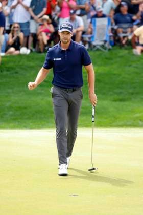PONTE VEDRA BEACH, FL - MARCH 15: PGA, Golf Herren golfer Wyndham Clark reacts to making a birdie putt on the 9th hole to finish at 14 under par for the tournament and the current leader during The Players Championship on March 15, 2024, at TPC Sawgrass in Ponte Vedra Beach, Florida. (Photo by Brian Spurlock Icon Sportswire) GOLF: MAR 15 PGA THE PLAYERS Championship EDITORIAL USE ONLY Icon2403151