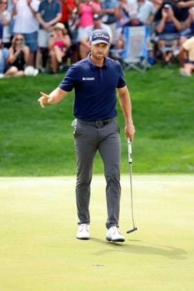 PONTE VEDRA BEACH, FL - MARCH 15: PGA, Golf Herren golfer Wyndham Clark reacts to making a birdie putt on the 9th hole to finish at 14 under par for the tournament and the current leader during The Players Championship on March 15, 2024, at TPC Sawgrass in Ponte Vedra Beach, Florida. (Photo by Brian Spurlock Icon Sportswire) GOLF: MAR 15 PGA THE PLAYERS Championship EDITORIAL USE ONLY Icon2403152