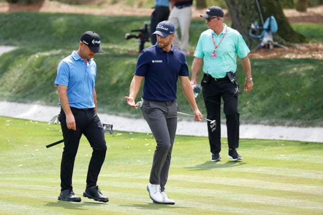 PONTE VEDRA BEACH, FL - MARCH 15: PGA, Golf Herren golfer Wyndham Clark and Brian Harman walk the 9th hole during The Players Championship on March 15, 2024, at TPC Sawgrass in Ponte Vedra Beach, Florida. (Photo by Brian Spurlock Icon Sportswire) GOLF: MAR 15 PGA THE PLAYERS Championship EDITORIAL USE ONLY Icon2403157
