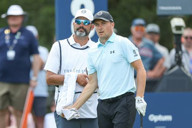 March 15, 2024: Jordan Spieth confers with his caddie, Michael Greller, for his tee shot on the 8th hole during the second round of THE PLAYERS Championship at TPC Sawgrass in Ponte Vedra, FL. CSM Ponte Vedra United States of America - ZUMAc04_ 20240315_zma_c04_098 Copyright: xGrayxSiegelx