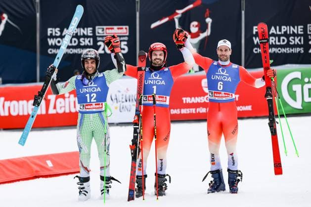 Sport Themen der Woche KW11 ALPINE SKIING - FIS WC Final Saalbach SAALBACH,AUSTRIA,16.MAR.24 - ALPINE SKIING - FIS World Cup Final, giant slalom, men. Image shows Joan Verdu (AND), Loic Meillard and Thomas Tumler (SUI).  GEPAxpictures xPatrickxSteiner