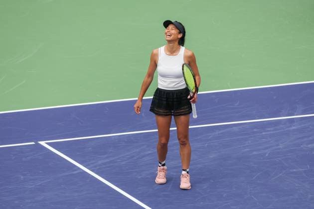 INDIAN WELLS, CA - MARCH 16: Su-Wei Hsieh (TPE) celebrates the winning point of the WomenÕs Doubles Final at the BNP Paribas Open on March 16, 2024 at Indian Wells Tennis Garden in Indian Wells, CA. (Photo by George Walker Icon Sportswire) TENNIS: MAR 16 BNP Paribas Open EDITORIAL USE ONLY Icon240316023