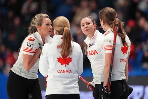 March 16, 2024, Sydney, Ns, Canada: Canada s skip Rachel Homan, second from right, speaks with teammates, from left to right, Emma Miskew, Tracy Fleury, and Sarah Wilkes during World WomenöÄÃ s Curling Championship action against Sweden in Sydney, N.S. on Saturday, March 16, 2024. Rachel Homan, Emma Miskew, Tracy Fleury, Sarah Wilkes  - ZUMAc35_ 20240316_zaf_c35_038 Copyright: xDarrenxCalabresex