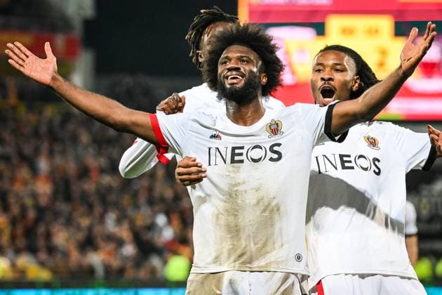 March 16, 2024, Lens, France, France: Terem MOFFI of Nice celebrate his goal with Khephren THURAM of Nice during the Ligue 1 match between RC Lens and OGC Nice at Bollaert-Delelis Stadium on March 16, 2024 in Lens, France. Lens France - ZUMAm308 20240316_zsp_m308_010 Copyright: xMatthieuxMirvillex