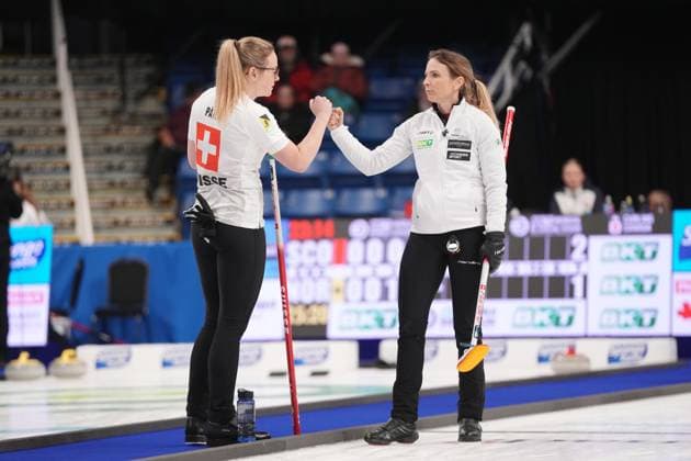 March 16, 2024, Sydney, Ns, Canada: Switzerland s Silvana Tirinzoni, right, and Alina Paetz celebrate a scoring three points during World WomenöÄÃ s Curling Championship action against the United States in Sydney, N.S., Saturday, March 16, 2024. Silvana Tirinzoni, Alina Paetz  - ZUMAc35_ 20240316_zaf_c35_108 Copyright: xDarrenxCalabresex