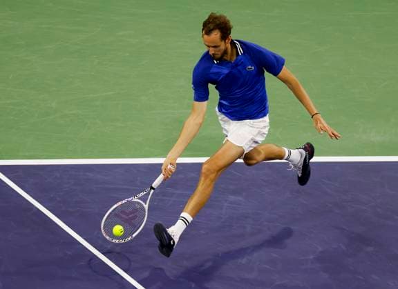 Tennis 2024: BNP Paribas Open MAR 16 March 16, 2024 Daniil Medvedev returns a shot against Tommy Paul in the Semifinal match at the BNP Paribas Open in Indian Wells, CA. Charles Baus CSM (Credit Image: Charles Baus Cal Media) Indian Wells Ca United States of America EDITORIAL USE ONLY Copyright: xx ZUMA-20240316_zma_c04_142.jpg CharlesxBausx csmphotothree243337