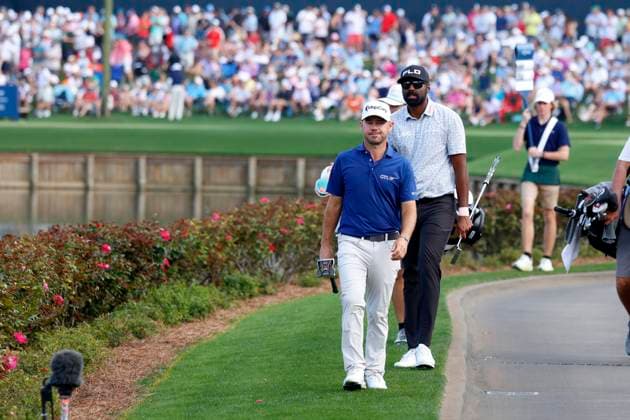 PONTE VEDRA BEACH, FL - MARCH 16: PGA, Golf Herren golfers Brian Harman and Sahith Theegala walks the 17th hole during the third round of The Players Championship on March 16, 2024, at TPC Sawgrass in Ponte Vedra Beach, Florida. (Photo by Brian Spurlock Icon Sportswire) GOLF: MAR 16 PGA THE PLAYERS Championship EDITORIAL USE ONLY Icon24031671