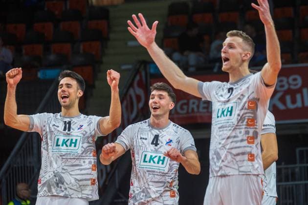 Lueneburg - Jubel. Volleyball Bundesliga, WWK Volleys Herrsching - SVG Lüneburg 1:3, Playoff Viertelfinale, Saison 2023-2024 , 16.03.2024, in Muenchen, Deutschland. Quelle Copyright Credit : Oryk HAIST