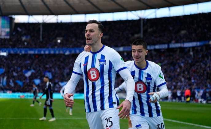 Germany, Berlin, 17.03.2024, Olympic Stadium, Hertha BSC vs FC Schalke 04 - 2. Bundesliga, Haris Tabakovic (Hertha Berlin) celebrates the teams first goal Berlin Olympic Stadium Berlin Germany