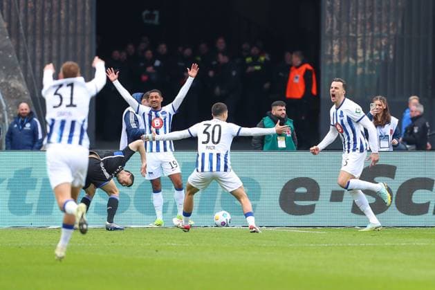 17.03.2024, xtgx, Fussball 2. Bundesliga, Hertha BSC - FC Schalke 04 emspor, v.l. Haris Tabakovic (Hertha, 25) Jubel, Torjubel, jubelt ueber das Tor, celebrate the goal, celebration (DFL DFB REGULATIONS PROHIBIT ANY USE OF PHOTOGRAPHS as IMAGE SEQUENCES and or QUASI-VIDEO) Berlin