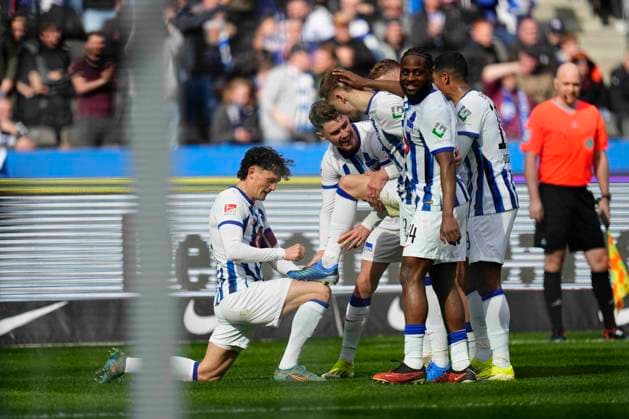 Germany, Berlin, 17.03.2024, Olympic Stadium, Hertha BSC vs FC Schalke 04 - 2. Bundesliga, Marten Winkler (Hertha Berlin) celebrates the teams third goal Berlin Olympic Stadium Berlin Germany