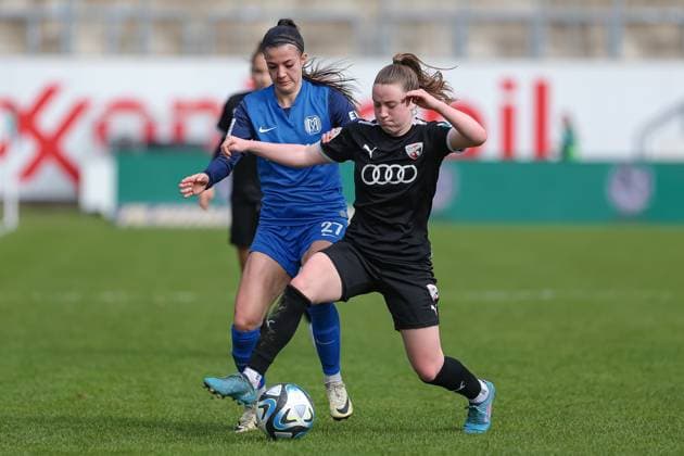 v.li.: Vildan Kardesler (SV Meppen, 27) und Lea Wolski (FC Ingolstadt 04, 6) im Zweikampf, Duell, Dynamik, Aktion, Action, Spielszene, DIE DFB-RICHTLINIEN UNTERSAGEN JEGLICHE NUTZUNG VON FOTOS ALS SEQUENZBILDER UND ODER VIDEOÄHNLICHE FOTOSTRECKEN. DFB REGULATIONS PROHIBIT ANY USE OF PHOTOGRAPHS AS IMAGE SEQUENCES AND OR QUASI-VIDEO., 17.03.2024, Meppen (Deutschland), Fussball, 2. Frauen-Bundesliga, SV Meppen - FC Ingolstadt 04