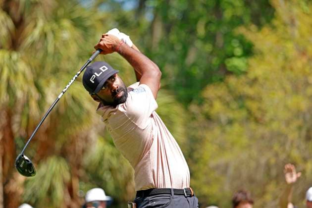 PONTE VEDRA BEACH, FL - MARCH 17: PGA, Golf Herren golfer Sahith Theegala plays his tee shot on the 2nd hole during the final round of The Players Championship on March 17, 2024, at TPC Sawgrass in Ponte Vedra Beach, Florida. (Photo by Brian Spurlock Icon Sportswire) GOLF: MAR 17 PGA THE PLAYERS Championship EDITORIAL USE ONLY Icon24031730