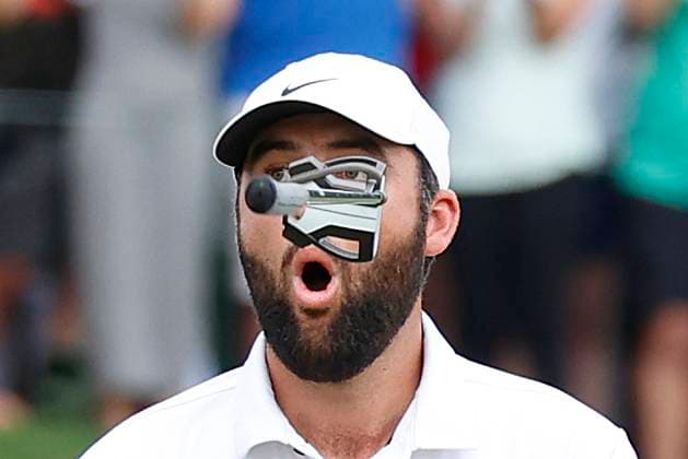 PONTE VEDRA BEACH, FL - MARCH 17: PGA, Golf Herren golfer Scottie Scheffler reacts to missing a birdie putt on the 18th hole by tossing his putter in the air during The Players Championship on March 17, 2024, at TPC Sawgrass in Ponte Vedra Beach, Florida. (Photo by Brian Spurlock Icon Sportswire) GOLF: MAR 17 PGA THE PLAYERS Championship EDITORIAL USE ONLY Icon24031777