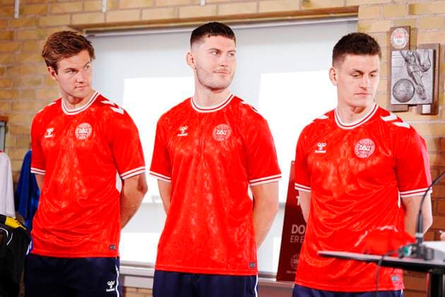 Joachim Andersen, Jonas Wind and Joachim Maehle during the presentation of Denmarks jersey for the UEFA European Championship, EM, Europameisterschaft 2024 finals, in Elsingor, Denmark, Monday 18, 2024 , Elsinore Denmark Copyright: LiselottexSabroex spdk20240318-113611-L