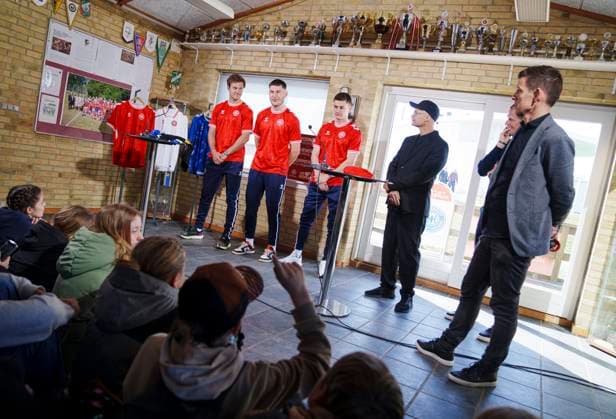 Joachim Andersen, Jonas Wind and Joachim Maehle during the presentation of Denmarks jersey for the UEFA European Championship, EM, Europameisterschaft 2024 finals, in Elsingor, Denmark, Monday 18, 2024 , Copenhagen Denmark Copyright: Ritzau Scanpix LiselottexSabroex spdk20240318-123008-L