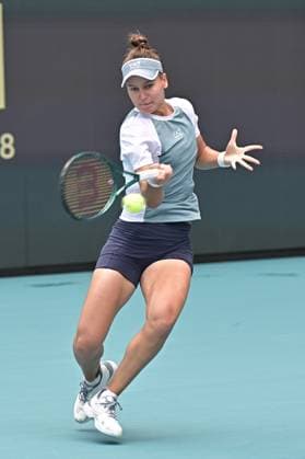MIAMI GARDENS, FL - MARCH 18: Veronika Kudermetova (RUS) hits the ball during practice at the Miami Open on March 18, 2024, at Hard Rock Stadium in Miami Gardens, FL. (Photo by Michele Eve Sandberg Icon Sportswire) TENNIS: MAR 18 Miami Open EDITORIAL USE ONLY Icon2403180211