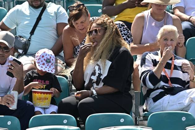 MIAMI GARDENS, FL - MARCH 19: Serena Williams watches her sister Venus play tennis during the Miami Open on March 19, 2024, at Hard Rock Stadium in Miami Gardens, FL. (Photo by Michele Eve Sandberg Icon Sportswire) TENNIS: MAR 19 Miami Open EDITORIAL USE ONLY Icon240304007