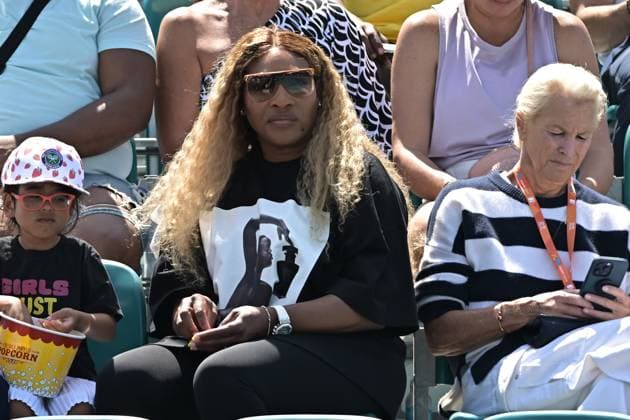 MIAMI GARDENS, FL - MARCH 19: Serena Williams watches her sister Venus play tennis during the Miami Open on March 19, 2024, at Hard Rock Stadium in Miami Gardens, FL. (Photo by Michele Eve Sandberg Icon Sportswire) TENNIS: MAR 19 Miami Open EDITORIAL USE ONLY Icon240304011