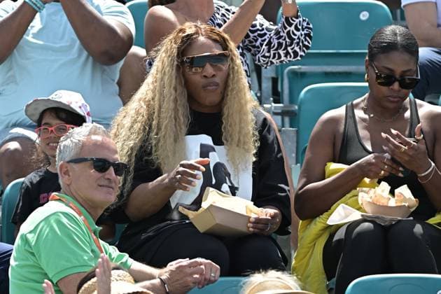 MIAMI GARDENS, FL - MARCH 19: Serena Williams watches her sister Venus play tennis during the Miami Open on March 19, 2024, at Hard Rock Stadium in Miami Gardens, FL. (Photo by Michele Eve Sandberg Icon Sportswire) TENNIS: MAR 19 Miami Open EDITORIAL USE ONLY Icon240304042