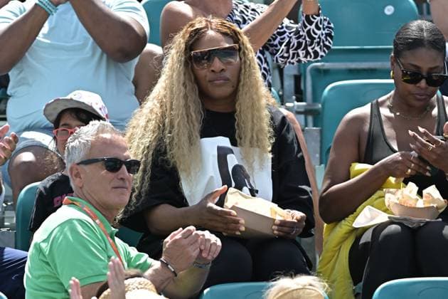 MIAMI GARDENS, FL - MARCH 19: Serena Williams watches her sister Venus play tennis during the Miami Open on March 19, 2024, at Hard Rock Stadium in Miami Gardens, FL. (Photo by Michele Eve Sandberg Icon Sportswire) TENNIS: MAR 19 Miami Open EDITORIAL USE ONLY Icon240304043