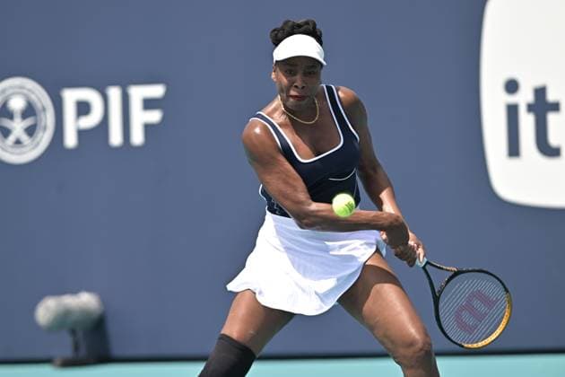MIAMI GARDENS, FL - MARCH 19: Venus Williams in action during the Miami Open on March 19, 2024, at Hard Rock Stadium in Miami Gardens, FL. (Photo by Michele Eve Sandberg Icon Sportswire) TENNIS: MAR 19 Miami Open EDITORIAL USE ONLY Icon240304050